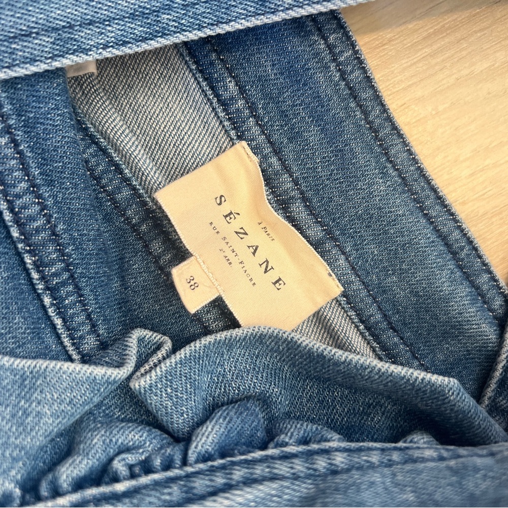 Sezane Rosario Denim Jean Overalls Ruffle Jumpsuit 38 - Picture 11 of 13